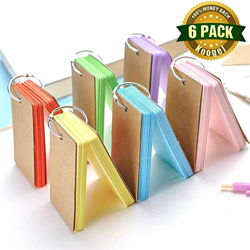 Koogel 300 Pieces 2.2 x 3.5 Inches Multicolor Kraft Paper Binder Ring Easy Flip Flash Card Study Cards/Memo Scratch Pads/Bookmark/DIY Greeting Card/Index Card Stock/Note Card(50 Sheets per Set)
