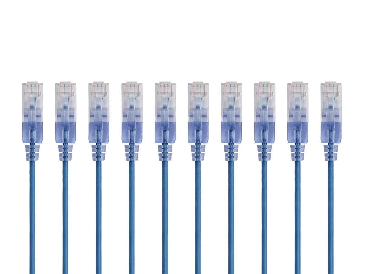 Monoprice Cat6A 2ft Blue 10-Pk Patch Cable UTP 30AWG 10G Pure Bare Copper Snagless RJ45 SlimRun Series Ethernet Cable