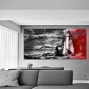 Wall26-3 Piece Canvas Wall Art-Seagull and Lighthouse Red Color Prints for Living Room -Giclee Painting Wall Bedroom Living House Decoration Home Art - 16"x24" x 3 Panels