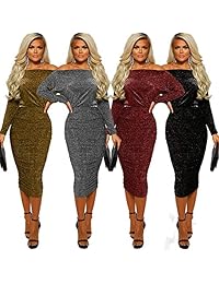 Así, Far vestido de manga larga para mujer, vestido sexy brillante con hombros descubiertos