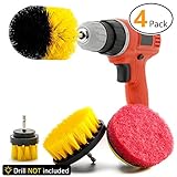 4 Piece Drill Brush, ROTEK Drill Cleaning Brush Set Yellow Nylon Power Drill Scrub Brush Attachment for Tile, Grout, Tub, Shower, Bathroom, Kitchen, Auto