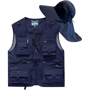 Youth Outdoor Hiking Vest and Sun Protection Hat Set, Multi Pocket Utility Vest for Camping Fishing Travel Safari Adventure