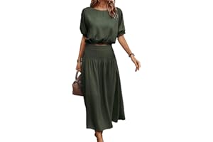 BZSFW Women's Two Piece Outfits Summer 2023 Solid Color Casual Loose Puff Sleeve Crop Top and Pleated Long Skirt Set