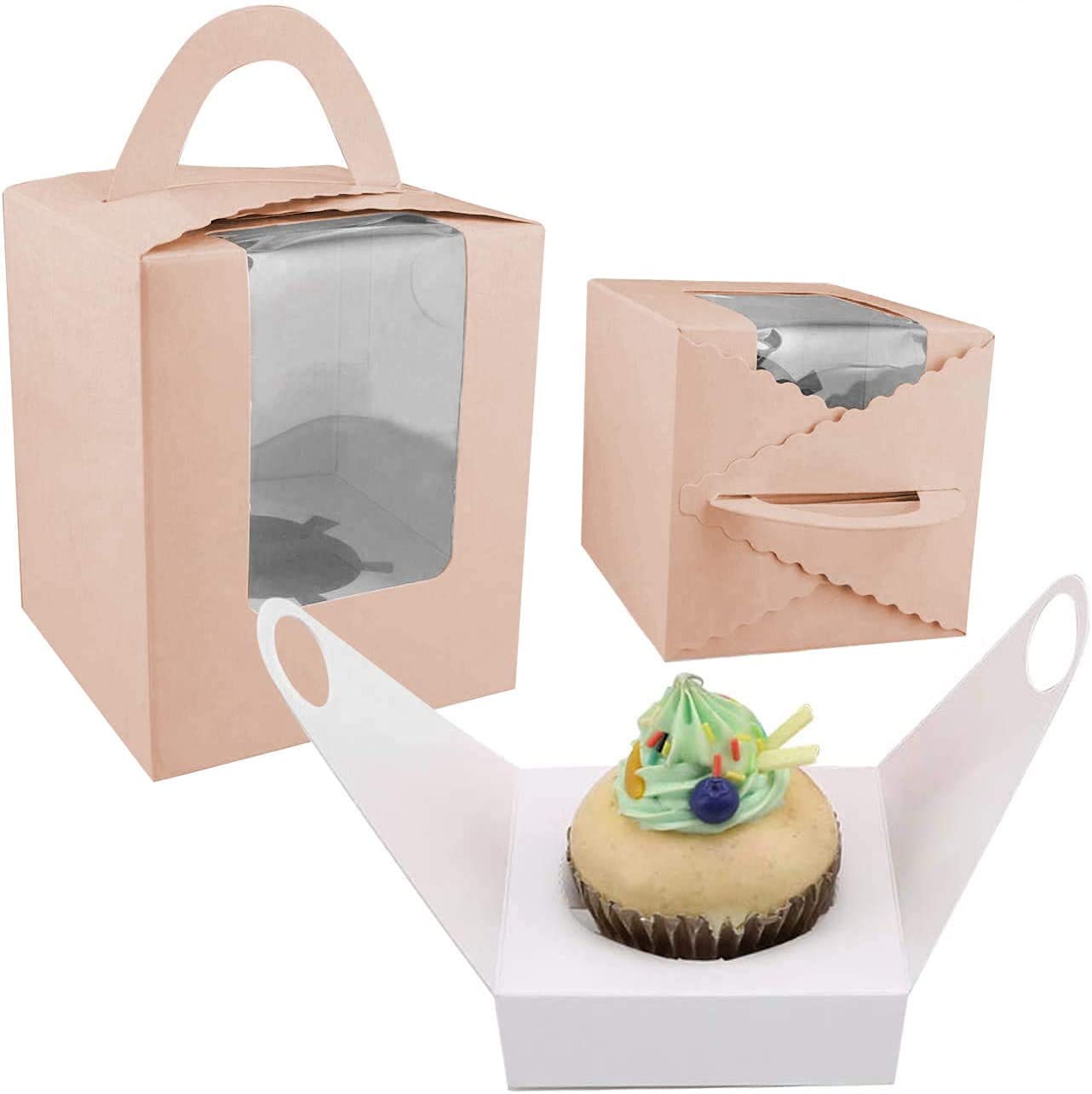 Cupcake Boxes,30 Pack Single Cupcake Boxes Individual Muffins Cupcake Holders Portable Pastry Containers Cupcake Carriers with Window Insert and Handle,Pastry Containers (Pink)