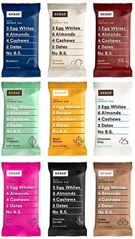 RxBar Real Food Protein Bars, Whole30, Paleo Variety Pack, 9 Flavors w/NEW Chocolate Chip & Mixed Berry (Pack of 18)