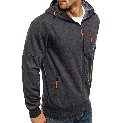 Mens' Autum Winter Long Sleeve Zipper Patchwork Hooded Sweatshirt Cardigan Tops (Deep Gray, L3)