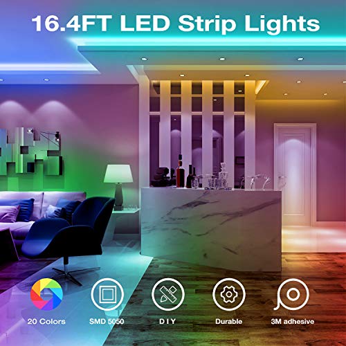 DAYBETTER Led Strip Lights 16.4ft Flexible Color Changing Led Lights 5050 RGB 150 LEDs Light Strips Kit 5m with 44 Keys IR Remote and 12V Power Supply for Bedroom, Kitchen, Home