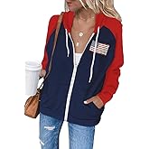 Dressmine Women's Hooded Jacket Zip Up Sweatshirts Usa Clothing 2025 Trendy Color Block Raglan Sleeve American Flag Hoodie S