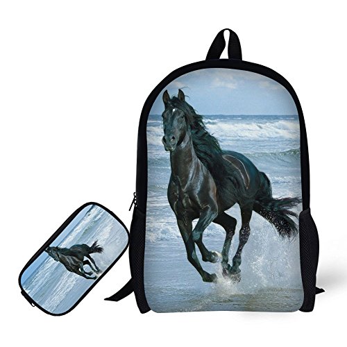 Primary Backpack with pencil Bag,3D Horse Pattern for Students Book Bag