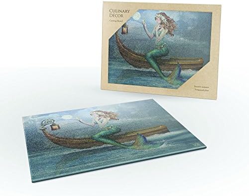 TIMELESS BY DESIGN Glass Cutting Board for Kitchen - THE MERMAID CUTTING BOARD, Non Slip-Rubber Feet, Shatter- Resistant Cutting Boards, Durable, Non Porous, Printed Large Cutting Boards 12" x 15"