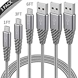 High Speed Micro USB Cable Cord Bynccea 3 Pack 1FT 3FT 6FT Android Cell Phone Charger Cables Nylon Braided Fast Charging Cords with Samsung S7 J7 LG HTC Motorola Kindle BlackBerry Nexus Xbox PS4 Gray