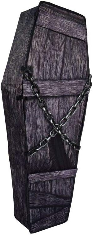 5’ Collapsible Coffin Prop Decoration – Fabric with Wood Grain Appearance and Chain Link Rope Accent, Fabric Casket for Party Decoration or Halloween Prop