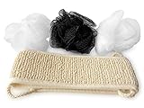SuperiorMaker Loofah and Exfoliating Body and Back Scrubber Spa Set - 3 Vibrant Colored Hand Sized Body Luffa and 1 Modern Long Washcloth and Body Scrubber with Handles For Healthier Skin
