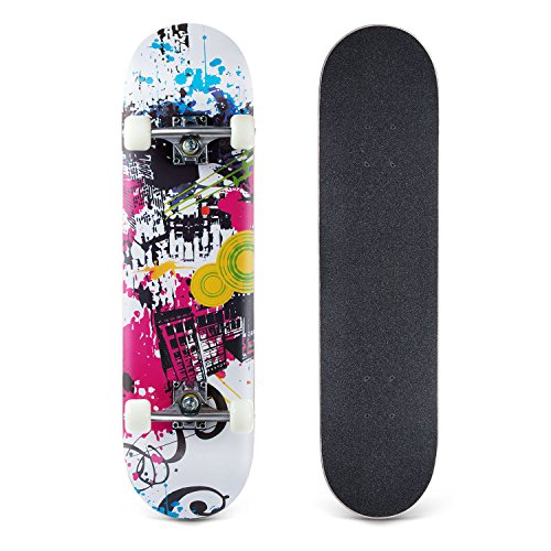 Karriw Skateboard 31 Inch Complete Standard Skateboard 8 Layer Maple Skateboard Deck with Sports Outdoors Durable Skate Board for Kids Beginners (City F)