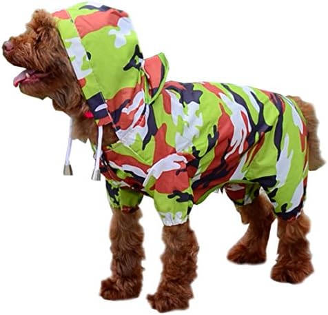 Dog Raincoat Fashion Four-legged Hooded Pet Raincoat with a Hole under Belly-Fit for Small and Medium Dogs (12, Camouflage green)