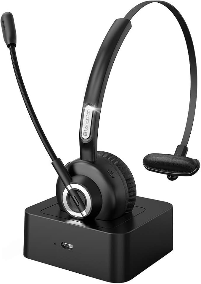 [Upgraded] Langsdom Bluetooth Headset for Cell Phones, 24 Hrs Talk Time Wireless Headset, CVC 8.0 Noise Cancelling On Ear Bluetooth Headphones with Microphone Charging Dock for PC iPhone Android