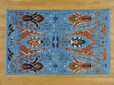 4'x7' Sky Blue Hand Knotted Peshawar Aged Safavid Dynasty Design Rug G25477