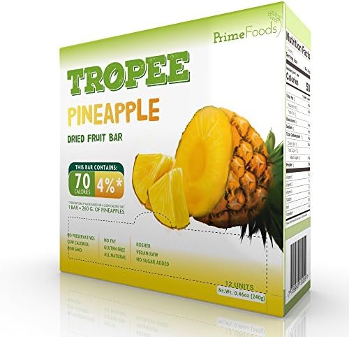 TROPEE Gluten Free Food Fruit Bars - Pineapple 20g, Box of 12. Healthy Snack Bars for the Vegan Diet which are Sugar Free, Kosher Food, Fruit Snacks. Perfect Vegan Gifts with Low Calorie Snacks