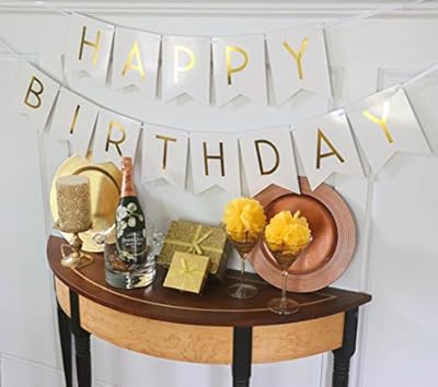 White Happy Birthday Bunting Banner with Shimmering Gold Letters