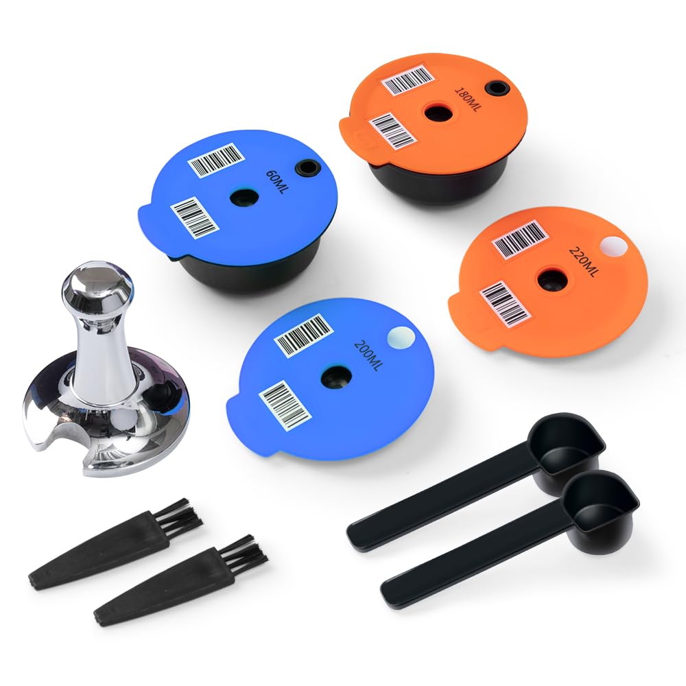 Tas simo Reusable Coffee Pods 60+180ML+Extra Silicone Lids 200+220ML, Refillable Coffee Pods Compatible with Tas simo Machine, BENFUCHEN Reusable Tas simo Pods with A Stainless Steel Coffee Tamper