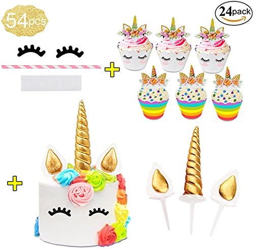 Awenyle 3D Gold Unicorn Cake Topper Set with Eyelashes,Horn and Ears,24 Cupcake Toppers and Wrappers sets,Unicorn Party Supplier for Girls Boys Birthday, Baby Shower,Wedding.