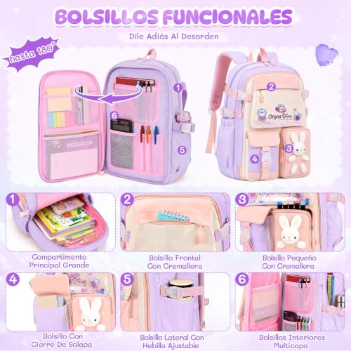 Nasjac Mochilas Escolares para Niñas de Primaria con Bolsa Térmica y Estuche, Mochila Escolar Infantil Gran Capacidad, Simpático conejito, Mochilas Multifuncional Informal Para Viajes, Escuela