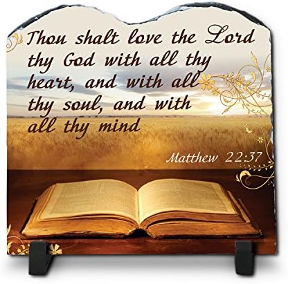 Thou Shalt Love The Lord Thy God With All Thy Heart Matthew 22:37 (7.8X7.8, KJV) | Superior Religious Inspirational Home Décor By Inspiragifts | High Quality Slate | Christian Home Plaque Stone Gift