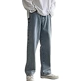 Rexcyril Men's Loose Fit Straight Leg Denim Jeans Baggy Wide Leg Plain Pants Trousers