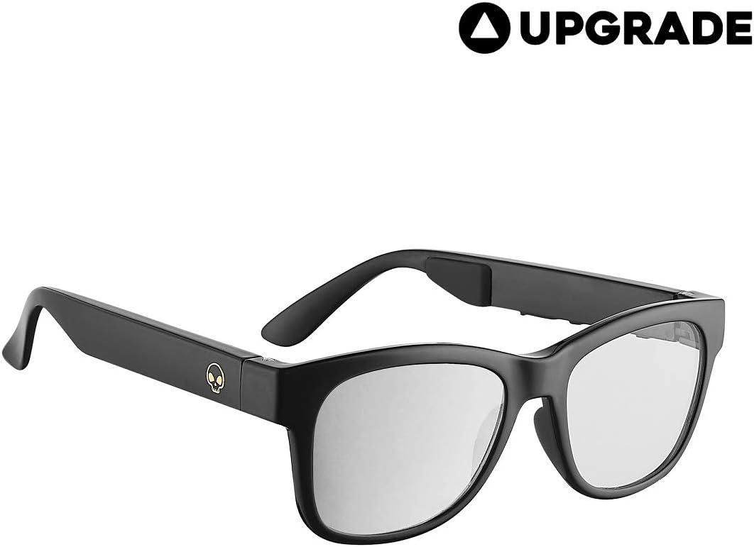 VocalSkull Alien 5 Bone Conduction Glasses Polarized Sunglasses Wireless Bluetooth Headset Sports Stereo Music Headphones with Microphone for iOS Android Windows Bright Black Frame (Transparent)