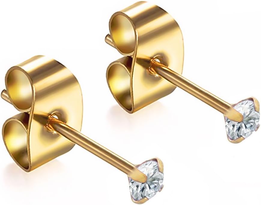 14K Yellow Gold Prong Cubic Zirconia Stud Earrings - 2MM Round Cut CZ Simulated Diamond Studs