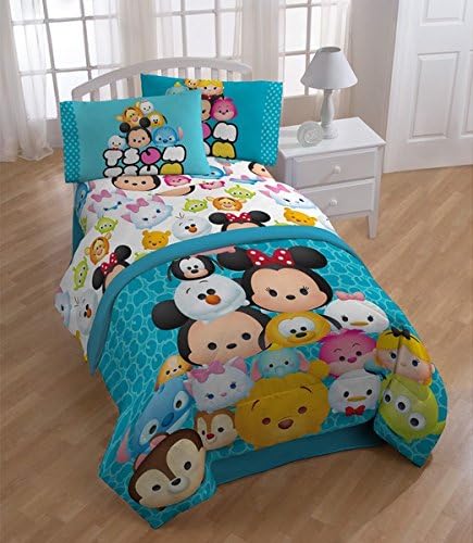 6 Piece Girls Disney Tsum Tsum Themed Comforter Full Set, All Over Cute Faces Animated Pattern, Beautiful Multi Colorful Character Reversible Bedding, Vibrant Blue Background,Abstract Blue Multi Color