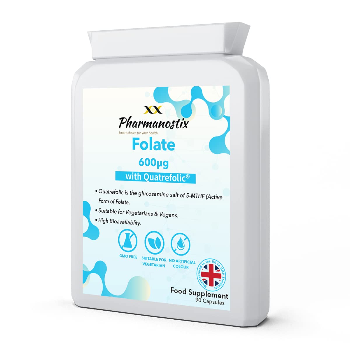 Folic Acid 600µg 90 Capsules as Quatrefolic Methyl Folate 5-MTHF Supplement - The 4th Generation of Folate-Superior Bioavailable Activated Vitamin B9 - UK Manufactured-Pharmanostix