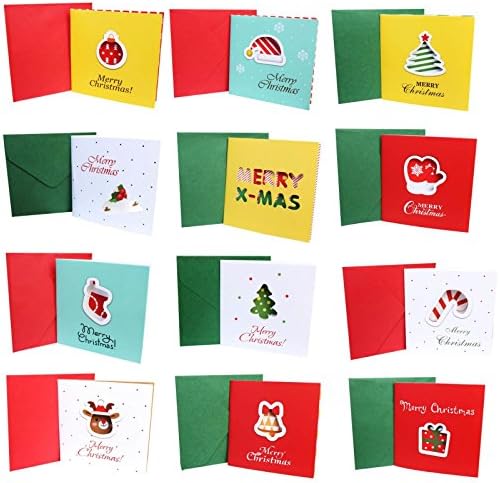 Christmas Holiday Greeting Cards with Envelopes - 24 Pack - 12 Traditional Designs - Blend of Reindeer, Candy Canes, Mittens, Holly, Gifts, Christmas Trees and More