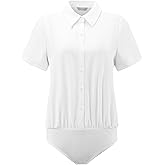 Hobemty Women's Button Down Bodysuit Collared Short Sleeve Business Office Leotard Shirt Top