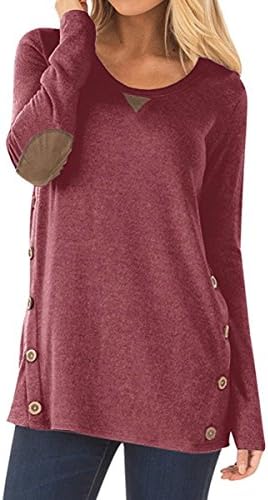 PORALA Womens Comfy Long Sleeve Casual Side Buttons Crewneck Sweatshirts Faux Suede Loose T Shirt Blouses Tops, Wine Red, M