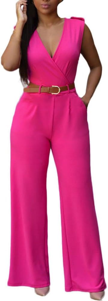 Cfanny Women's Sleeveless V Neck Wide Leg Palazzo Jumpsuit with Belt