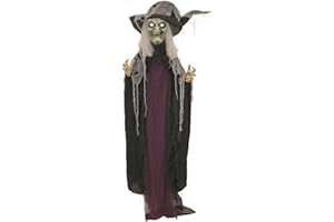 Haunted Hill Farm Life-Size Poseable Scary Talking Witch, Halloween Animatronic with Touch Activated Lights and Sound, Battery Operated Indoor or Covered Outdoor Halloween Decorations, Fright Props