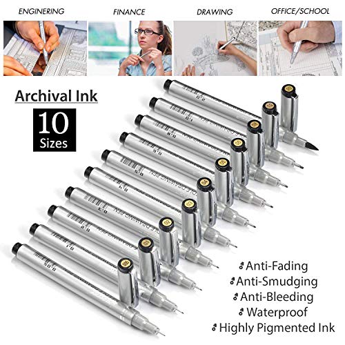 Black Precision Micro Line Pens,Multiliner, Anti-Bleed & Waterproof Archival Ink, Artist Illustration, Technical Drawing, Technical,Drawing,Office Documents, Scrapbooking,10/Set (Black)