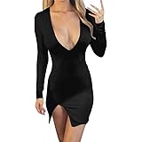 beautyjourney Mini Vestido Bodycon Deep-V de Mujer Clubwear Manga Larga Color sólido Delgado Fiesta de Noche Vestido de Playa Vestido de cóctel de Vacaciones
