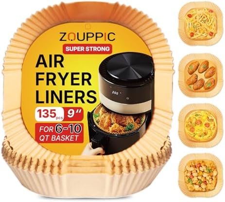 Large Air Fryer Liners Disposable 135 PCS, 9 Inch Unbleached Parchment Paper Sheets, Food Grade Non-Stick and Oil Resistant for Baking Griling, 6-10 QT Airfryer Basket Linker, Square