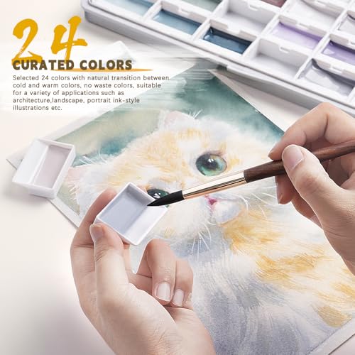 Fuumuui 24-Color Opaque Semi-Moist Solid Watercolor Paint Set Art Supplies for Artists Beginner Painters Amateur Hobbyists Painting