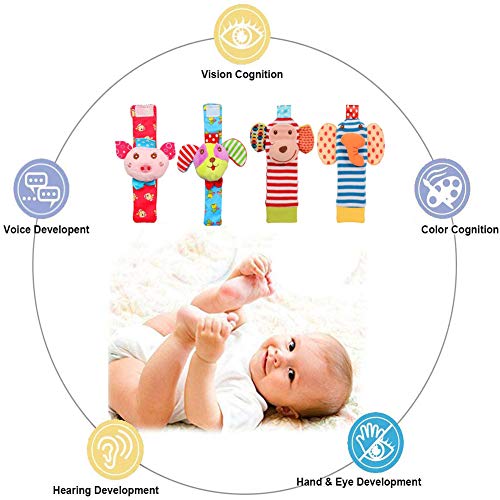 Bloobloomax Baby Soft Rattle, 4 Cute Animal Baby Infant Wrists Rattle and Foot Rattles Finders Socks Set Developmental Soft Toys for Newborn - Thumbnail 5