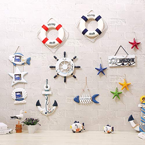 Nautical Mediterranean Handcrafted Ship Anchor Pirate Decor- Ships Wheel for Home,and Wall Hanging Decorative Boat Accessory for Bedroom/Bathroom/Guest Room(Blue and White,8.7” X 12.6”)