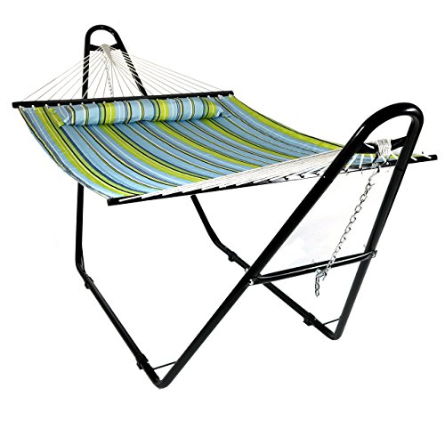 Sunnydaze Quilted Double Fabric 2-Person Hammock with Multi-Use Universal Steel Stand, Blue and Green, 440 Pound Capacity