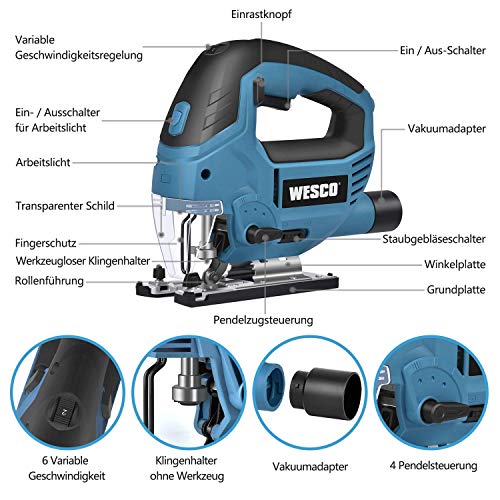 Stichsäge 850W, Elektro Stichsäge & LED, 4-Stufen-Pendelung, 3000SPM, 6-Geschwindigkeitsvorwahl, Schnittwinkel ± 45 ° mit 10 Blättern, Fußplatte aus Aluminium, Motor aus Kupfer WESCO WS3772