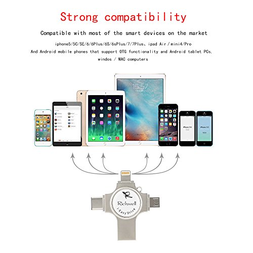 iPhone USB Flash Drives 64GB memory stick 3.0 U disk Richwell External Storage 4in1 for Apple iPhone iPad iOS Mac Android Type-C 3.1 and Computers (Silver64G)