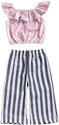 Toddler Girl Off-Shouler Tube Top Shirt+Stripe Pant Set Outfit (Pink, 4-5 Year)