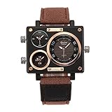 OULM Men's Military Sport Multi Time Zone Canvas Band Square Dial Quartz Watch-Brown