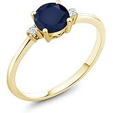 Gem Stone King 10K Yellow Gold Blue Sapphire and White Created Sapphire Solitaire Engagement Ring For Women | 1.03 Cttw | Round 6MM | Gemstone September Birthstone