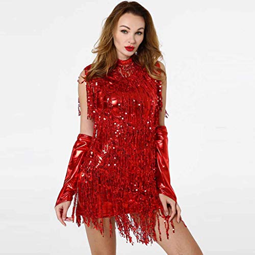 Women's Fashion Skirt Hang Neck Sequins Latin Dance Costume Training Dress Clothing Dance Dress Dancewear (Red, M-Bust:32.3-33.9'')